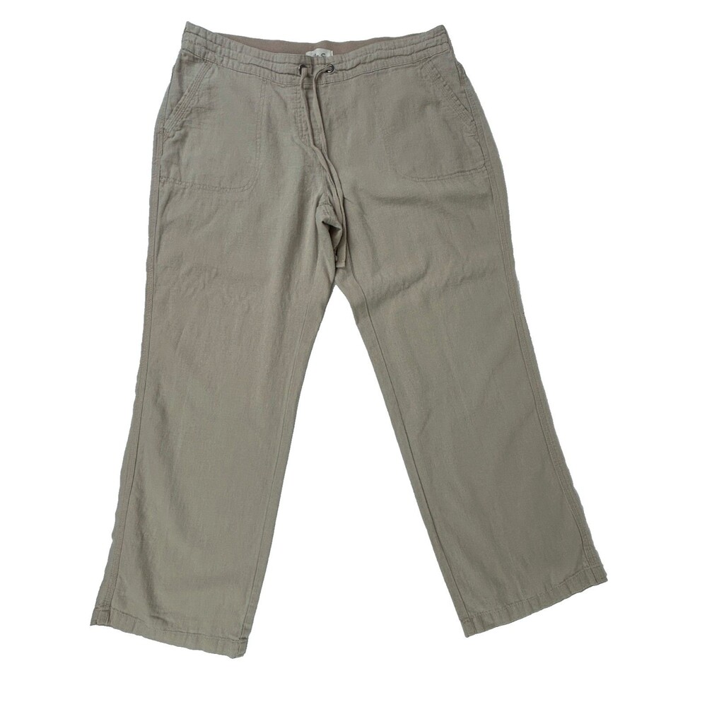 Per Se Anthropologie Tan Drawstring Linen Pants Straight Leg Pockets Sz L EUC